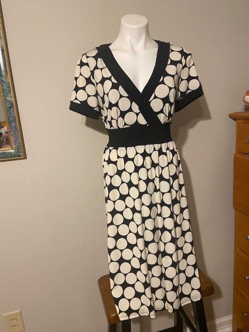 Vintage Julian Taylor Black and White Polka Dot Wrap Midi Dress